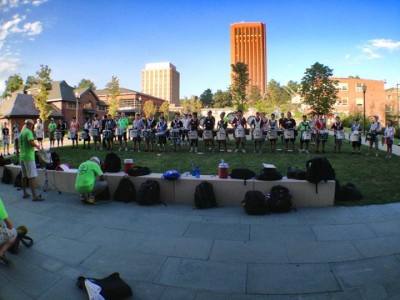 Battery rehearsing with Thom Hannum. UMass Library in the background.