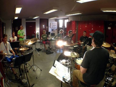 Drum Set students inside with Ted Sullivan.