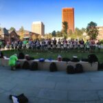 Battery rehearsing with Thom Hannum. UMass Library in the background.